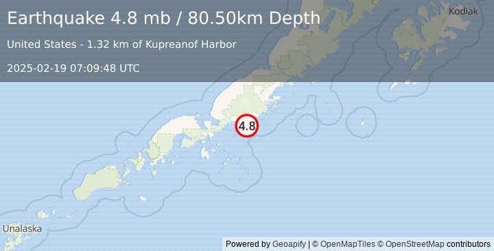 Earthquake ALASKA PENINSULA (4.8 mb) (2025-02-19 07:09:48 UTC)