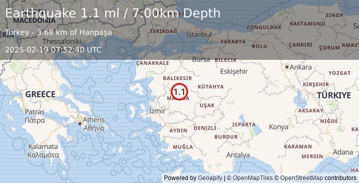 Earthquake WESTERN TURKEY (1.1 ml) (2025-02-19 07:52:40 UTC)