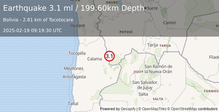 Earthquake POTOSI, BOLIVIA (3.1 ml) (2025-02-19 09:19:30 UTC)