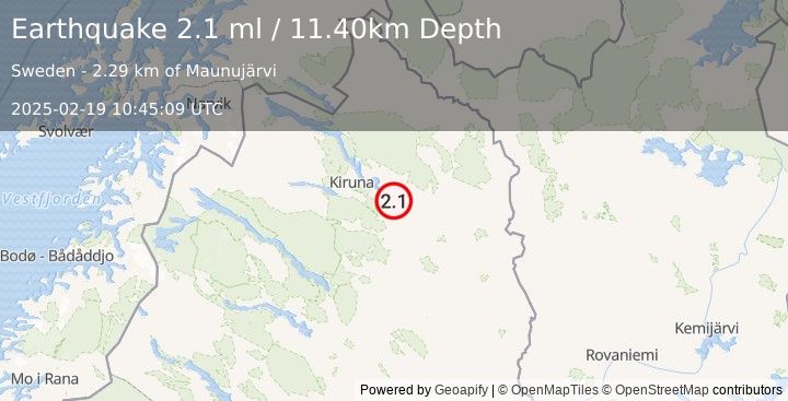 Earthquake SWEDEN (2.1 ml) (2025-02-19 10:45:09 UTC)