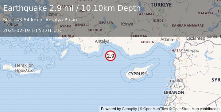 Earthquake WESTERN TURKEY (2.9 ml) (2025-02-19 10:51:01 UTC)