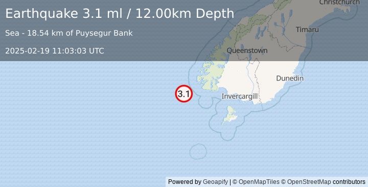 Earthquake OFF W. COAST OF S. ISLAND, N.Z. (3.1 ml) (2025-02-19 11:03:03 UTC)