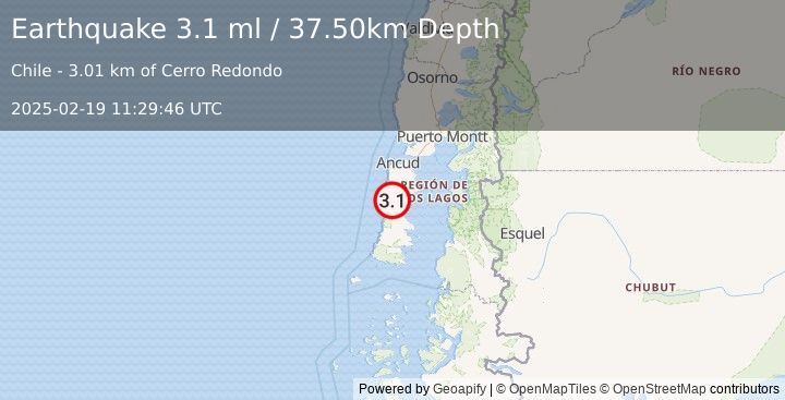 Earthquake ISLA CHILOE, LOS LAGOS, CHILE (3.1 ml) (2025-02-19 11:29:46 UTC)