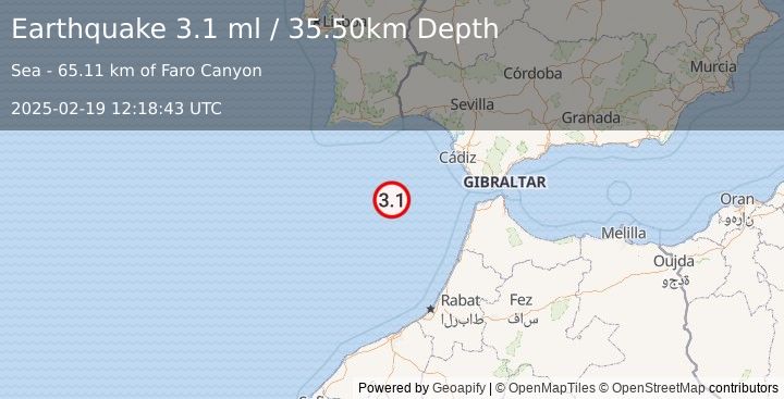 Earthquake STRAIT OF GIBRALTAR (3.1 ml) (2025-02-19 12:18:43 UTC)