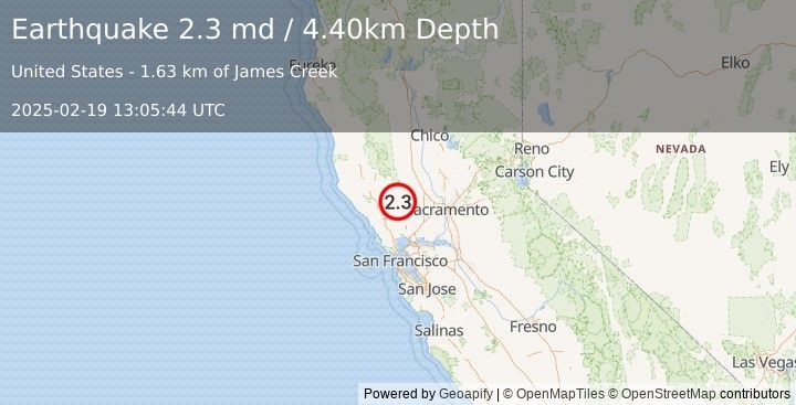 Earthquake NORTHERN CALIFORNIA (2.3 md) (2025-02-19 13:05:44 UTC)