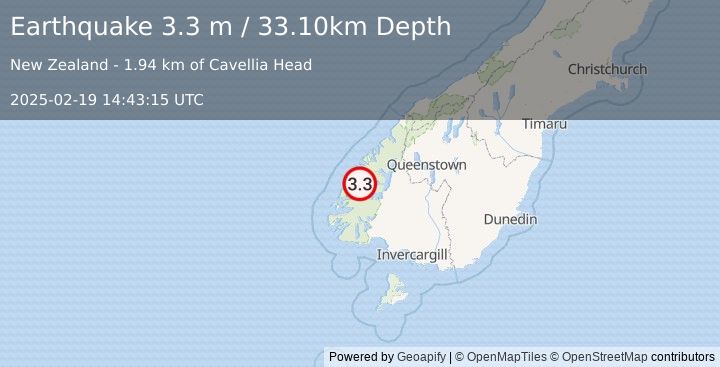 Earthquake SOUTH ISLAND OF NEW ZEALAND (3.3 m) (2025-02-19 14:43:15 UTC)