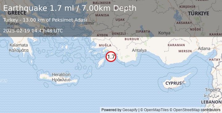 Earthquake DODECANESE IS.-TURKEY BORDER REG (1.7 ml) (2025-02-19 14:47:48 UTC)