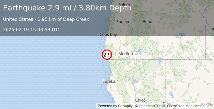 Earthquake OREGON (2.9 ml) (2025-02-19 15:48:52 UTC)