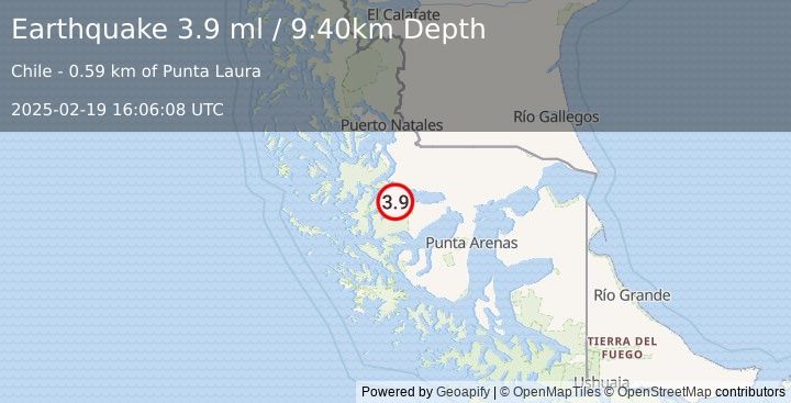 Earthquake MAGALLANES, CHILE (3.9 ml) (2025-02-19 16:06:08 UTC)