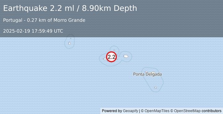 Earthquake AZORES ISLANDS, PORTUGAL (2.2 ml) (2025-02-19 17:59:49 UTC)