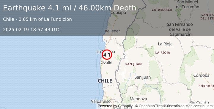 Earthquake COQUIMBO, CHILE (3.9 ml) (2025-02-19 18:57:42 UTC)