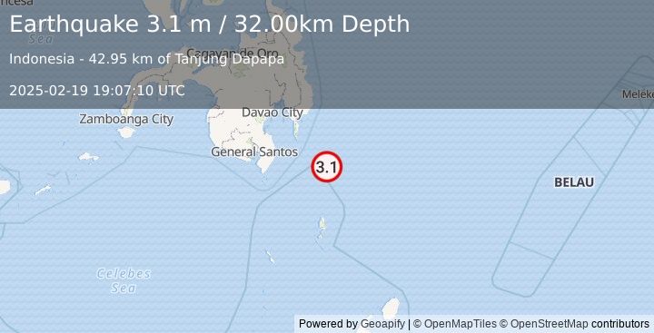 Earthquake MINDANAO, PHILIPPINES (3.1 m) (2025-02-19 19:07:10 UTC)