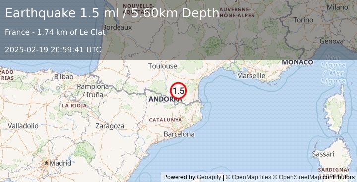 Earthquake PYRENEES (1.5 ml) (2025-02-19 20:59:41 UTC)