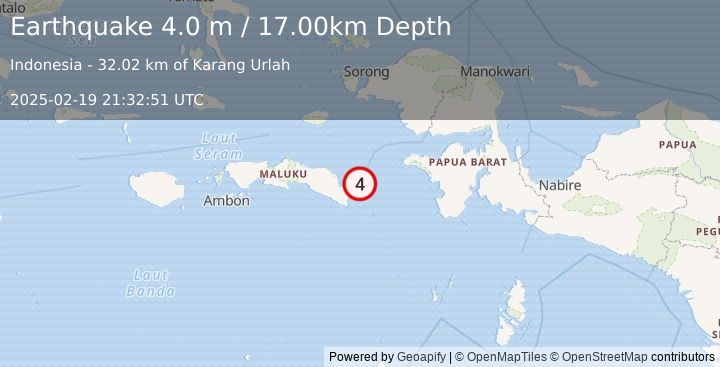 Earthquake CERAM SEA, INDONESIA (4.0 m) (2025-02-19 21:32:51 UTC)