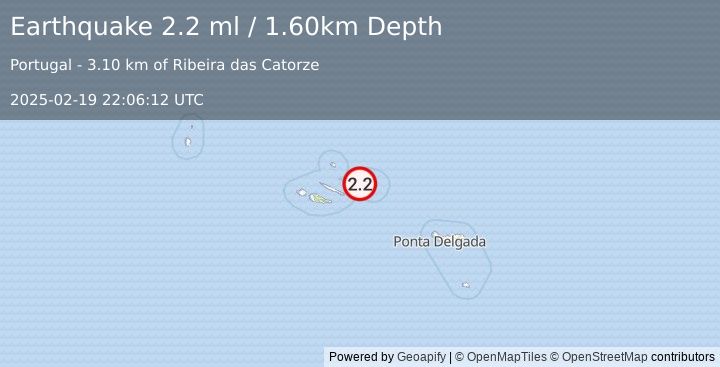 Earthquake AZORES ISLANDS, PORTUGAL (3.3 ml) (2025-02-19 22:06:41 UTC)