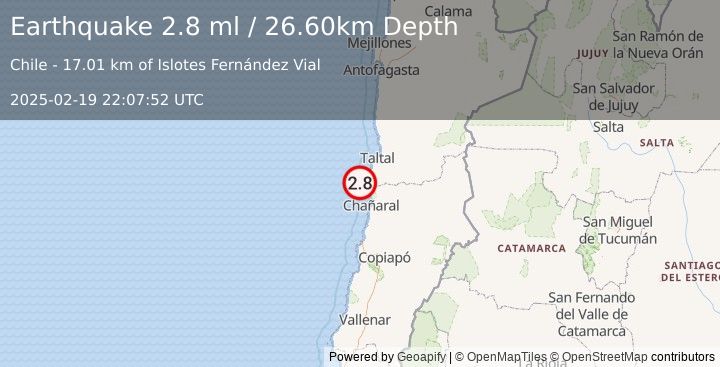 Earthquake OFFSHORE ANTOFAGASTA, CHILE (2.8 ml) (2025-02-19 22:07:52 UTC)