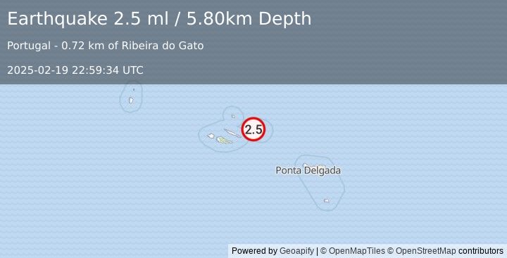 Earthquake AZORES ISLANDS, PORTUGAL (2.5 ml) (2025-02-19 22:59:34 UTC)