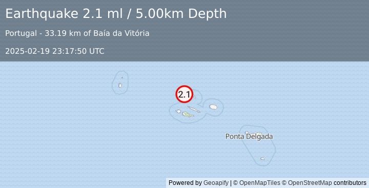 Earthquake AZORES ISLANDS, PORTUGAL (2.1 ml) (2025-02-19 23:17:50 UTC)