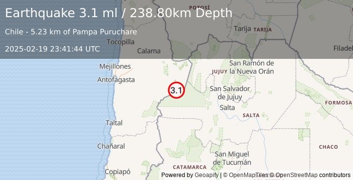 Earthquake ANTOFAGASTA, CHILE (3.1 ml) (2025-02-19 23:41:44 UTC)