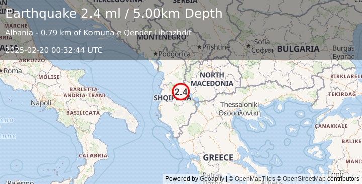 Earthquake ALBANIA (2.4 ml) (2025-02-20 00:32:44 UTC)