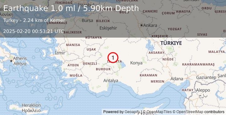 Earthquake WESTERN TURKEY (1.0 ml) (2025-02-20 00:53:21 UTC)