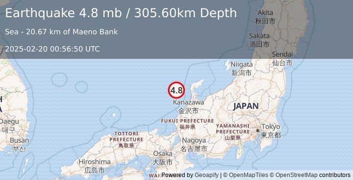 Earthquake NEAR WEST COAST OF HONSHU, JAPAN (4.8 mb) (2025-02-20 00:56:50 UTC)