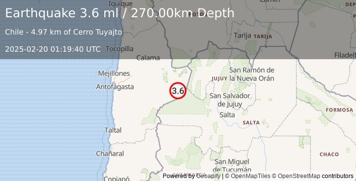 Earthquake ANTOFAGASTA, CHILE (3.6 ml) (2025-02-20 01:19:40 UTC)