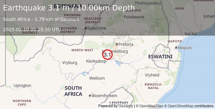 Earthquake SOUTH AFRICA (3.1 m) (2025-02-20 01:25:30 UTC)