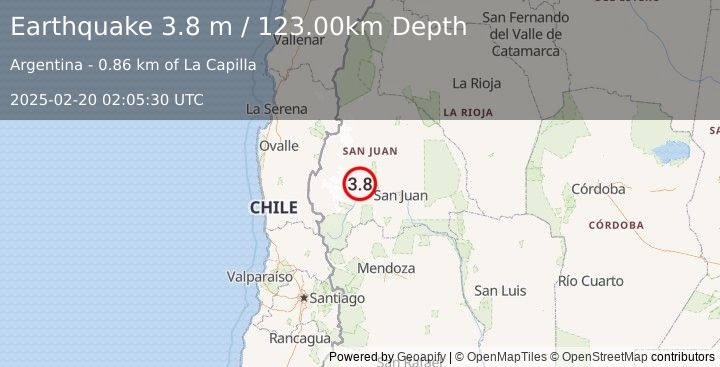 Earthquake SAN JUAN, ARGENTINA (3.8 m) (2025-02-20 02:05:30 UTC)