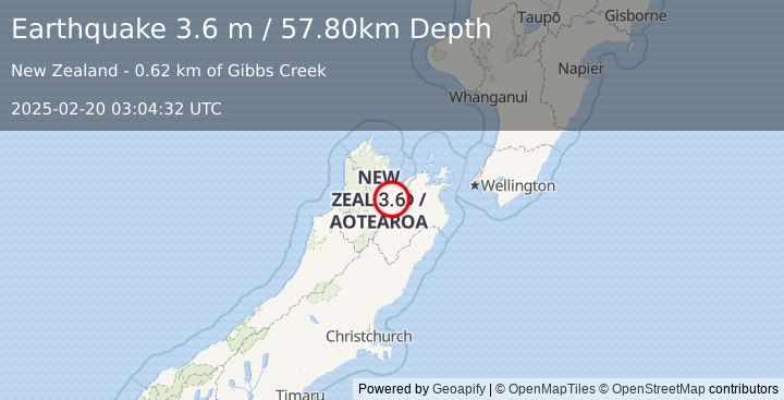 Earthquake SOUTH ISLAND OF NEW ZEALAND (3.6 m) (2025-02-20 03:04:32 UTC)