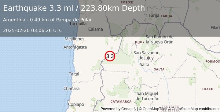 Earthquake ANTOFAGASTA, CHILE (3.3 ml) (2025-02-20 03:06:26 UTC)