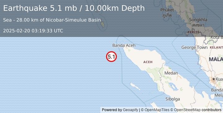 Earthquake OFF W COAST OF NORTHERN SUMATRA (5.3 mb) (2025-02-20 03:19:41 UTC)