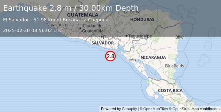 Earthquake OFFSHORE EL SALVADOR (2.8 m) (2025-02-20 03:56:02 UTC)