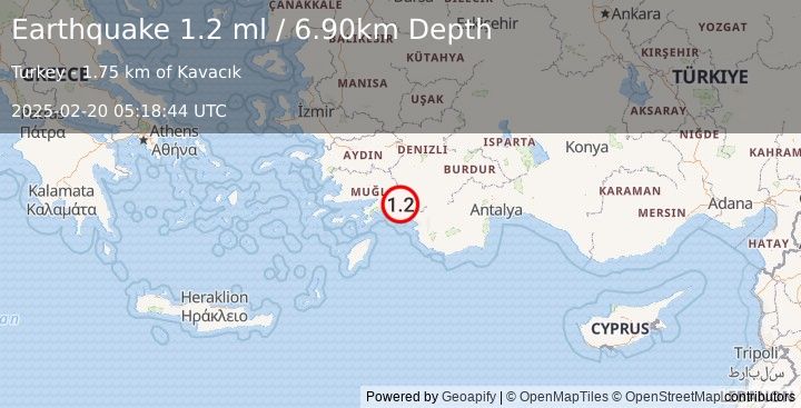 Earthquake DODECANESE IS.-TURKEY BORDER REG (1.2 ml) (2025-02-20 05:18:44 UTC)