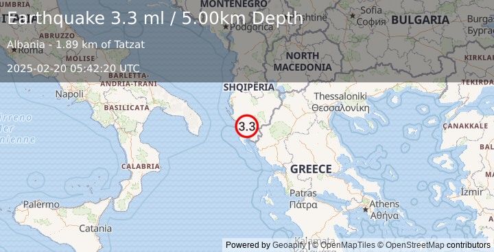 Earthquake ALBANIA (3.3 ml) (2025-02-20 05:42:20 UTC)