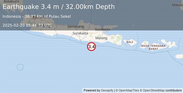 Earthquake JAVA, INDONESIA (3.4 m) (2025-02-20 05:44:33 UTC)