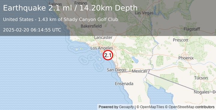 Earthquake GREATER LOS ANGELES AREA, CALIF. (2.1 ml) (2025-02-20 06:14:55 UTC)