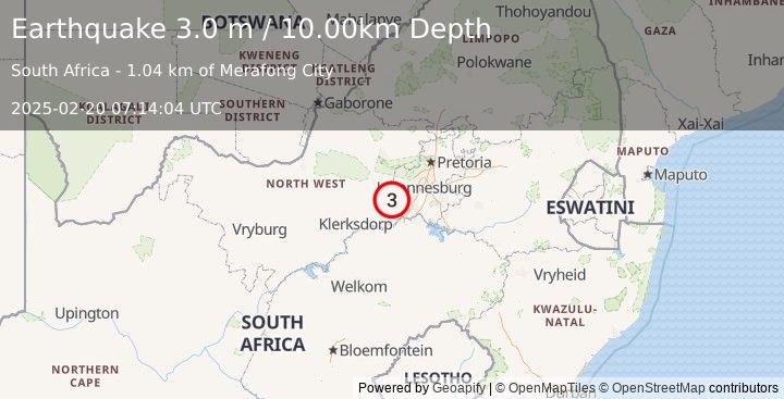 Earthquake SOUTH AFRICA (3.0 m) (2025-02-20 07:14:04 UTC)