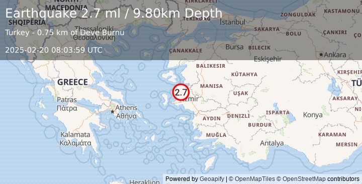 Earthquake NEAR THE COAST OF WESTERN TURKEY (2.7 ml) (2025-02-20 08:03:59 UTC)