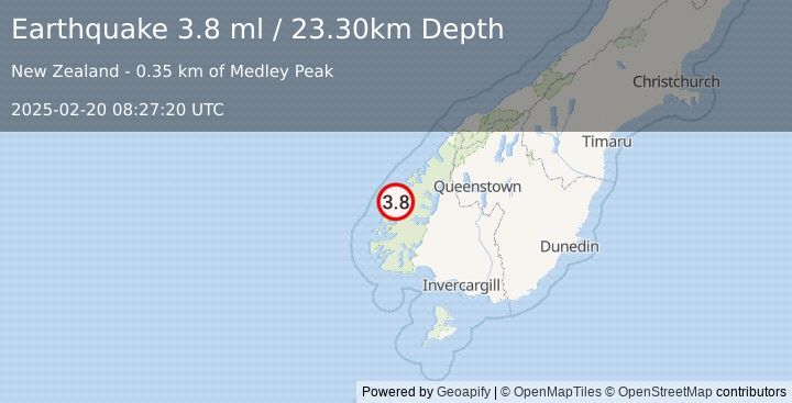 Earthquake SOUTH ISLAND OF NEW ZEALAND (3.8 ml) (2025-02-20 08:27:20 UTC)