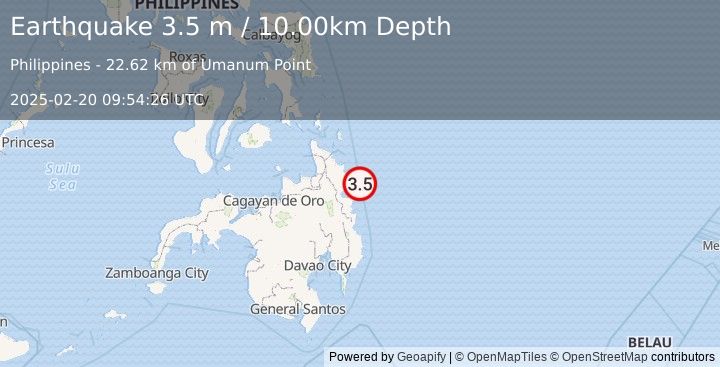 Earthquake MINDANAO, PHILIPPINES (3.5 m) (2025-02-20 09:54:26 UTC)