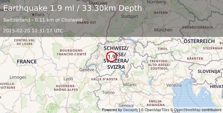 Earthquake SWITZERLAND (1.9 ml) (2025-02-20 10:31:17 UTC)