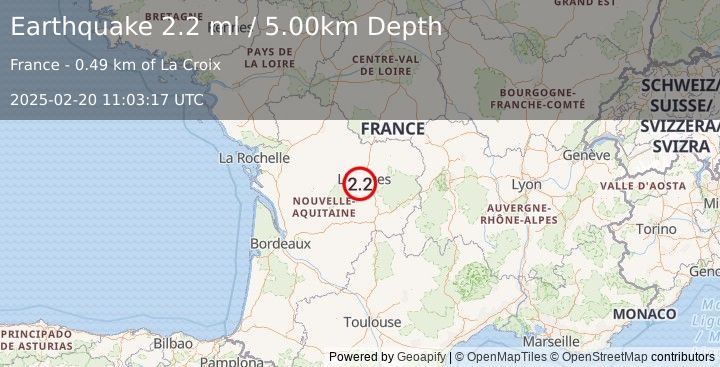 Earthquake FRANCE (2.2 ml) (2025-02-20 11:03:17 UTC)