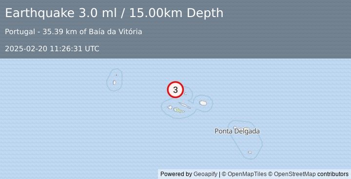 Earthquake AZORES ISLANDS, PORTUGAL (3.2 ml) (2025-02-20 11:27:02 UTC)