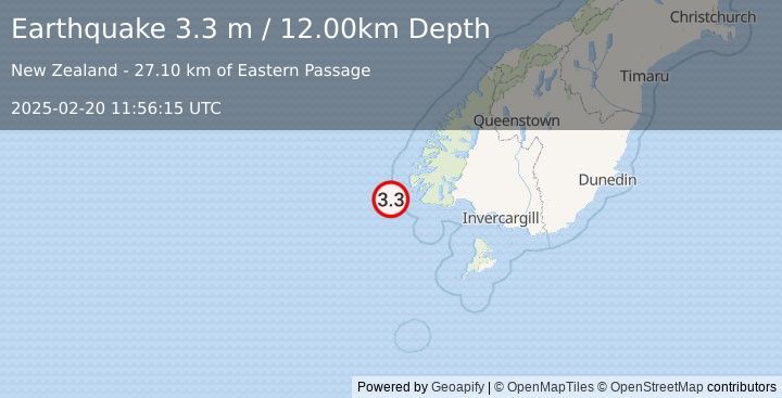 Earthquake OFF W. COAST OF S. ISLAND, N.Z. (3.3 m) (2025-02-20 11:56:15 UTC)