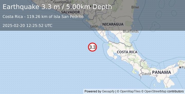 Earthquake OFF COAST OF COSTA RICA (3.3 m) (2025-02-20 12:25:52 UTC)