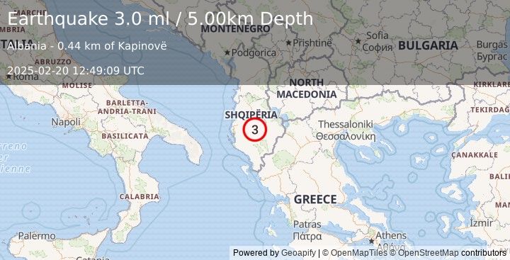 Earthquake ALBANIA (2.8 ml) (2025-02-20 12:49:09 UTC)