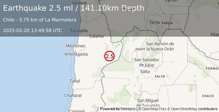 Earthquake ANTOFAGASTA, CHILE (2.5 ml) (2025-02-20 13:49:58 UTC)