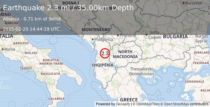 Earthquake ALBANIA (2.3 ml) (2025-02-20 14:44:20 UTC)