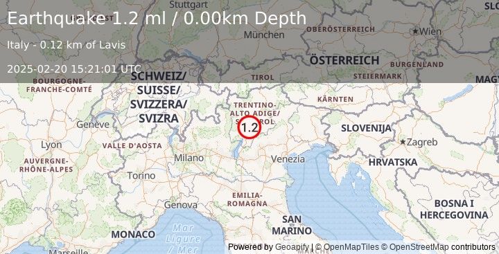 Earthquake NORTHERN ITALY (1.2 ml) (2025-02-20 15:21:01 UTC)